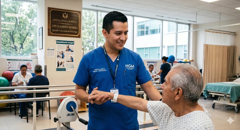 Healthcare worker in blue HCUA shirt assisting elderly patient with medical equipment in clinical setting