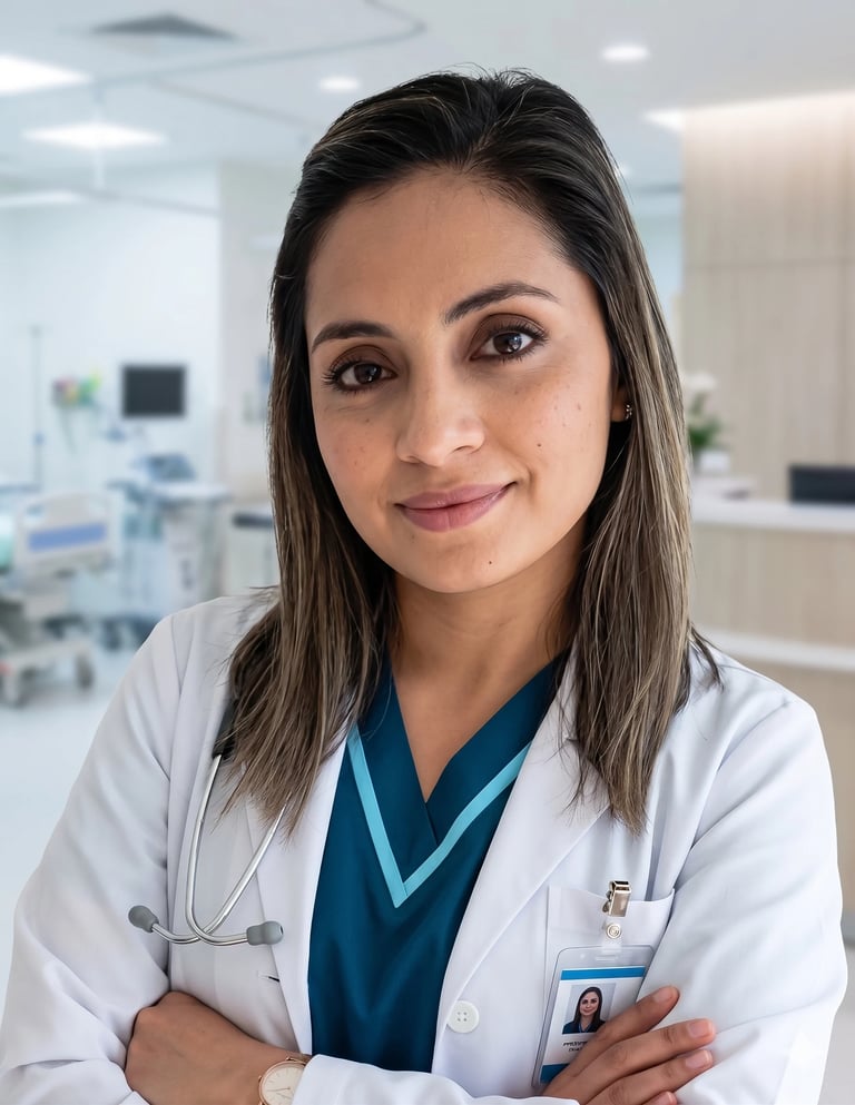 Female healthcare professional in white lab coat and stethoscope posing in medical clinic