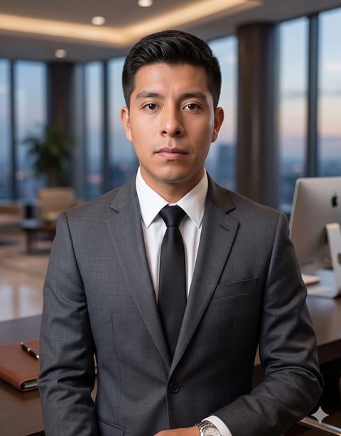 Professional portrait of a man in gray suit and black tie at office desk with cityscape windows