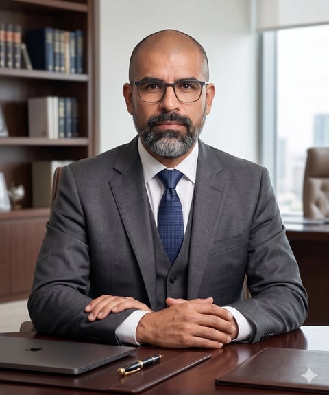Professional man in gray suit and glasses sitting at desk in office with bookshelf behind him