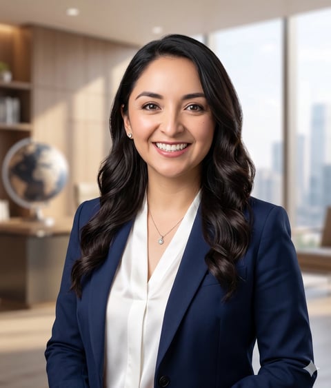 Professional woman with long dark wavy hair wearing navy blazer and white blouse, smiling in modern office with cityscape view