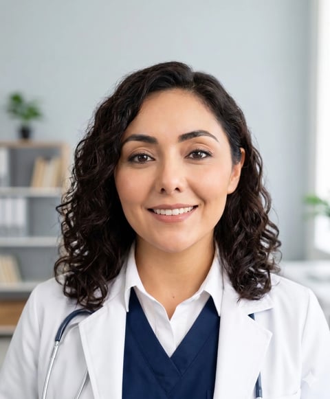 Female healthcare professional wearing white lab coat and stethoscope, smiling at camera in modern office setting