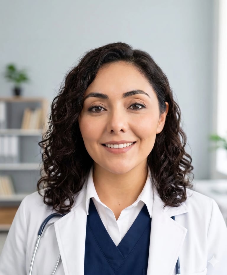 Female healthcare professional wearing white lab coat and stethoscope, smiling at camera in modern office setting