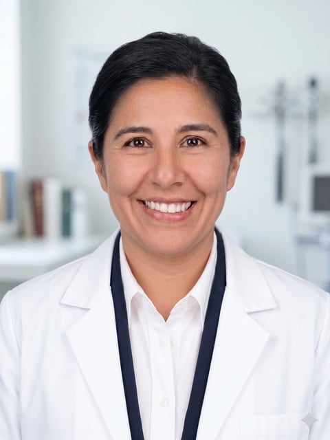 Professional headshot of a woman wearing a white lab coat and dark lanyard in a modern medical office setting