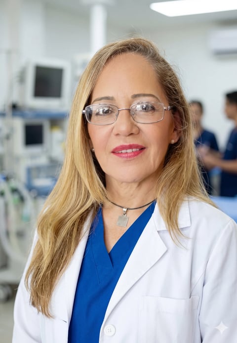 Female healthcare professional wearing glasses, white lab coat, and blue scrubs in a medical facility